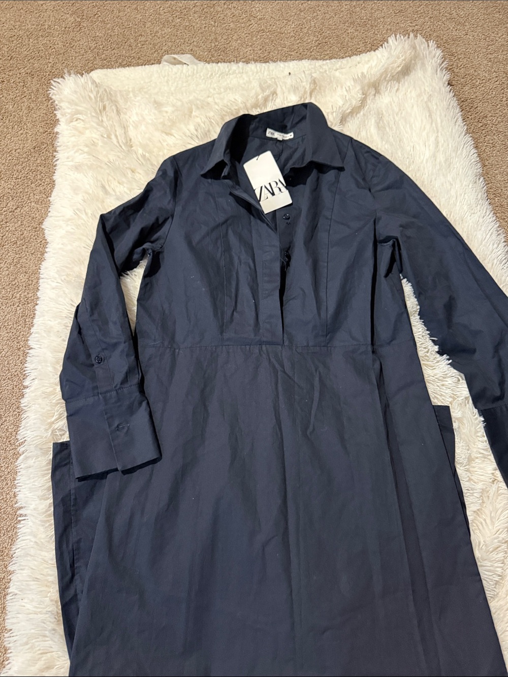 Zara Dark Navy Long Sleeve Shirt Dress
